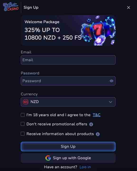7BitCasino sign-up screenshot