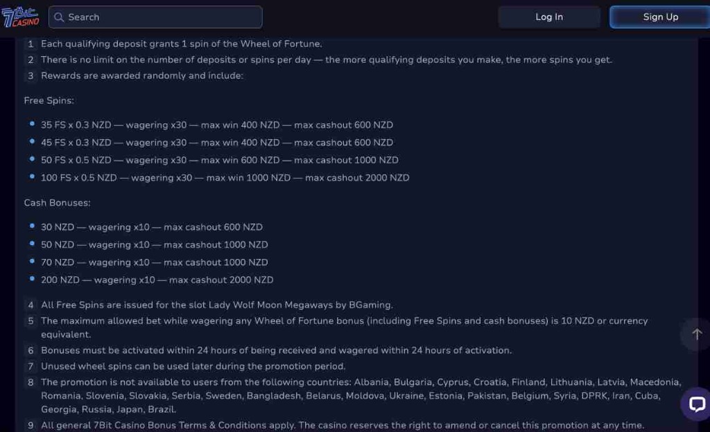 7BitCasino wheel rules screenshot