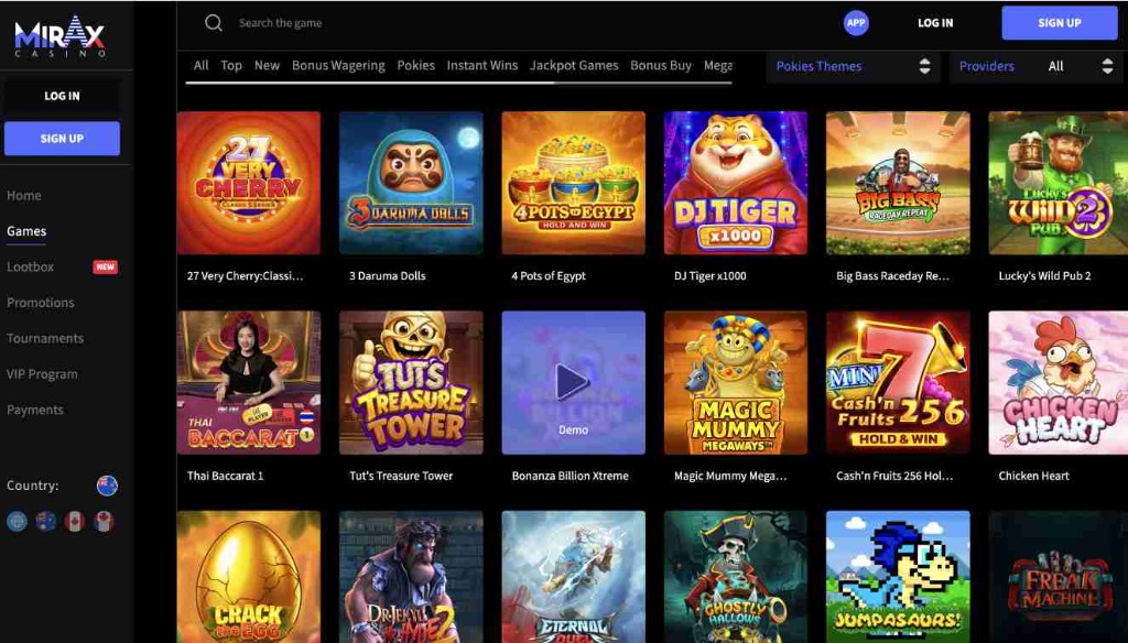 Mirax games lobby screenshot