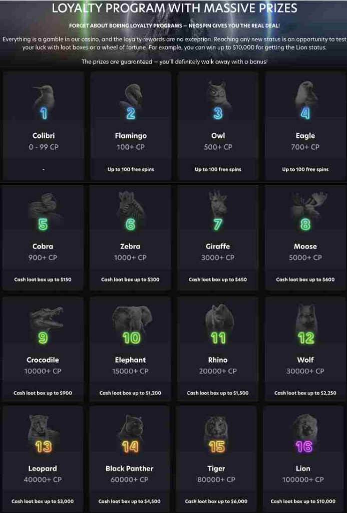 NeoSpin loyalty program screenshot