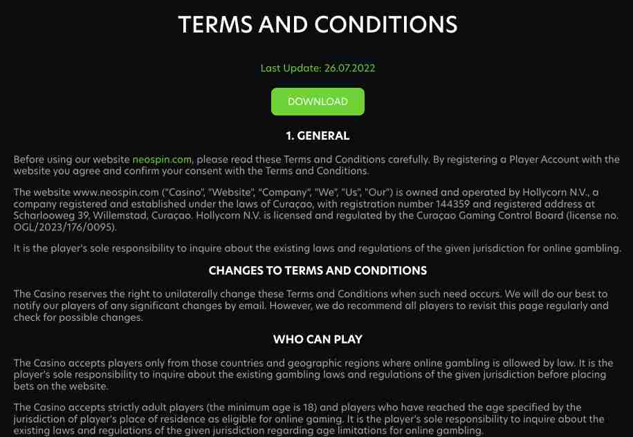 NeoSpin terms and conditions screenshot