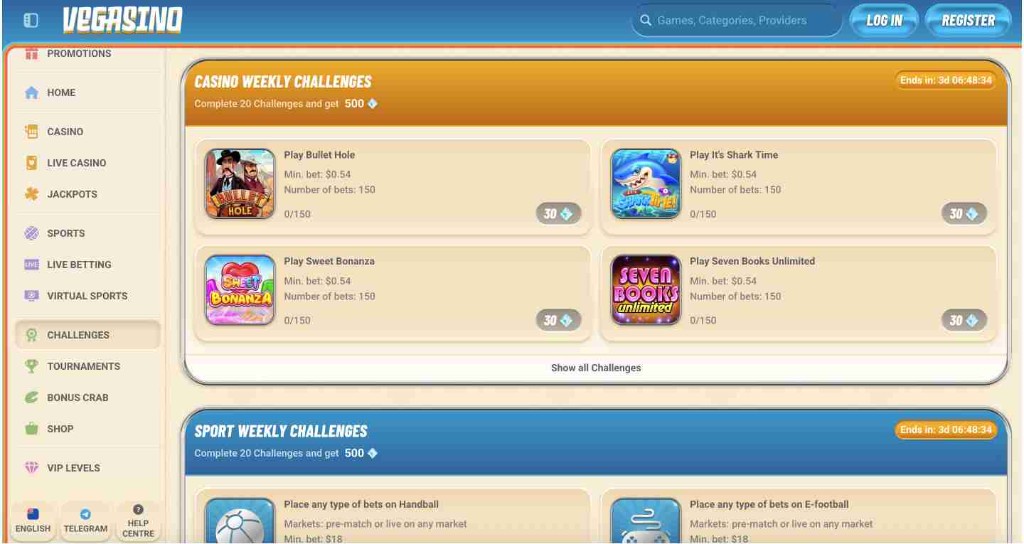 Vegasino challenges screenshot