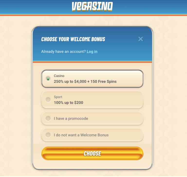 Vegasino registration screenshot step 1