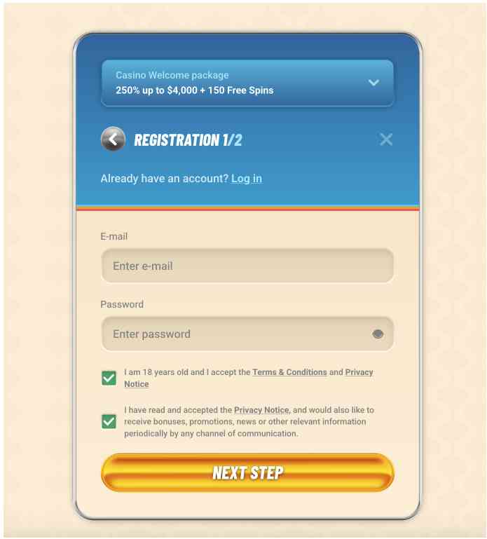 Vegasino registration screenshot step 2