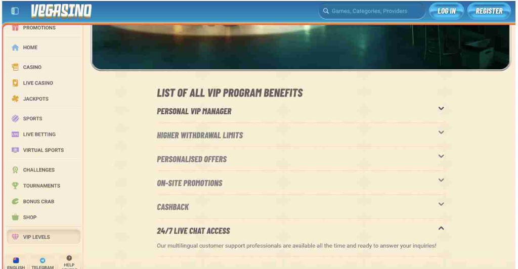 Vegasino VIP levels screenshot